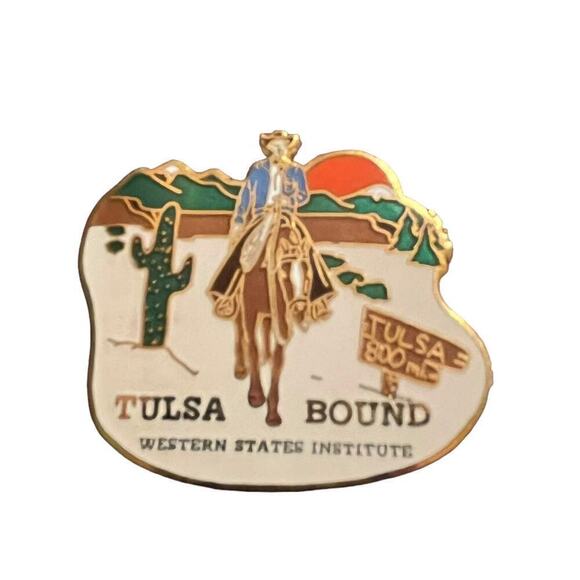 Vintage Tulsa Bound Western State Institute Cowboy Cactus Safety Pin Enamel Pin - Picture 1 of 4